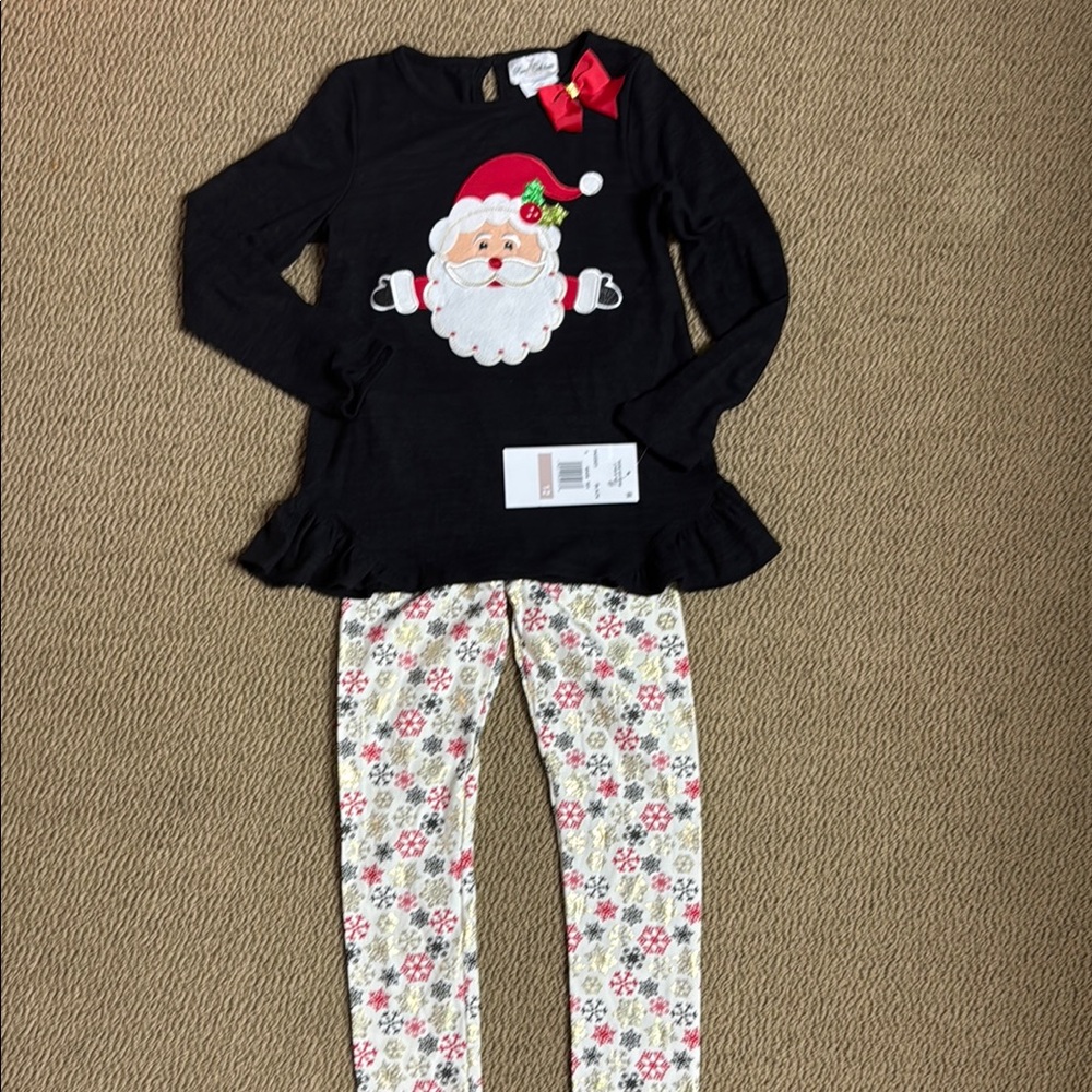 Rare Editions Black Santa Top with Red Bow Accent and snowflake pants